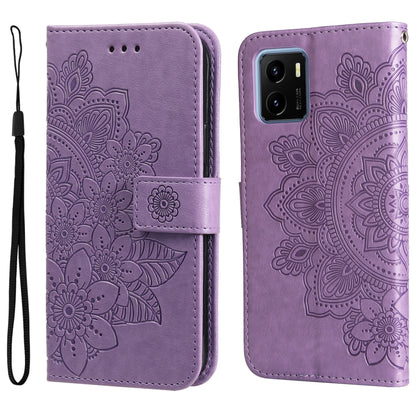 Purple flip phone case with embossed 7-petal floral pattern and wrist strap
