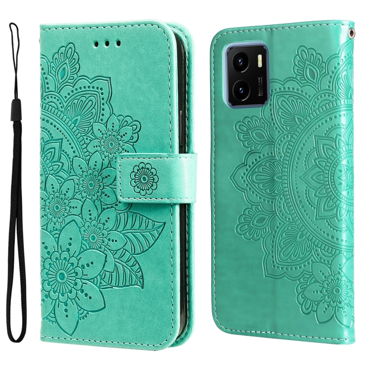 Green flip phone case with embossed 7-petal floral pattern and wrist strap