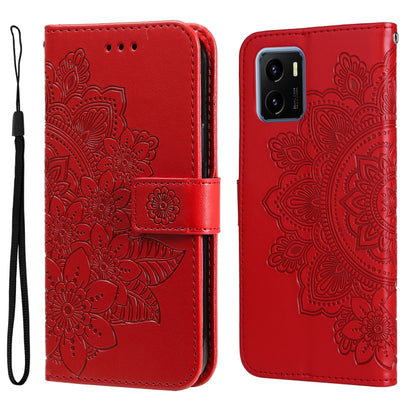 Red flip phone case with embossed 7-petal floral pattern and wrist strap