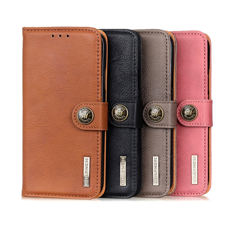 Flip leather phone cases in brown, black, gray, and pink with KHAZNEH logo snap