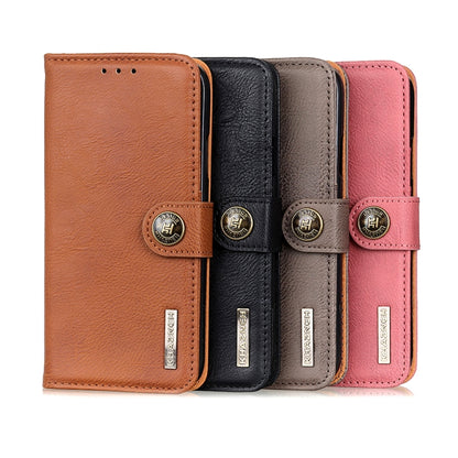 Flip leather phone cases in brown, black, gray, and pink with KHAZNEH logo snap