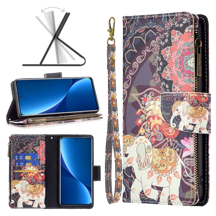 Colorful zipper leather phone case with elephant and floral pattern, card slots