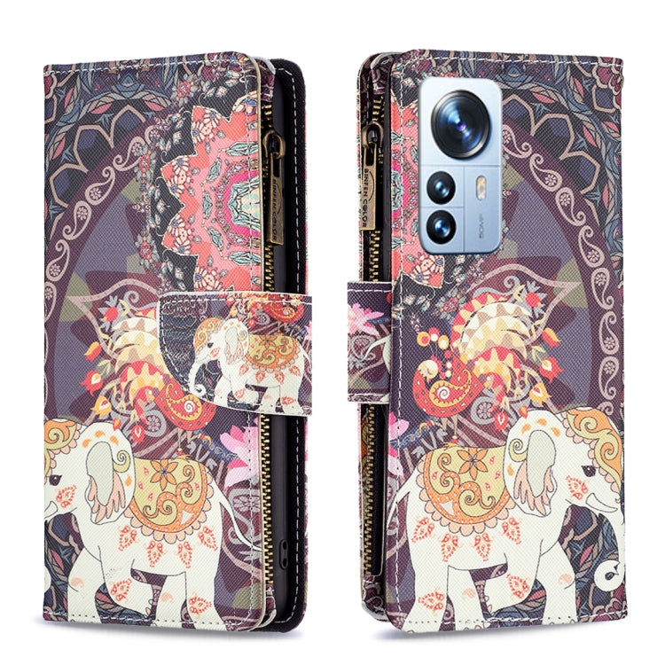 Colorful elephant print zipper leather phone case with camera cutout and card pocket