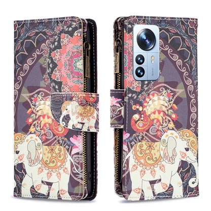 Colorful elephant print zipper leather phone case with camera cutout and card pocket