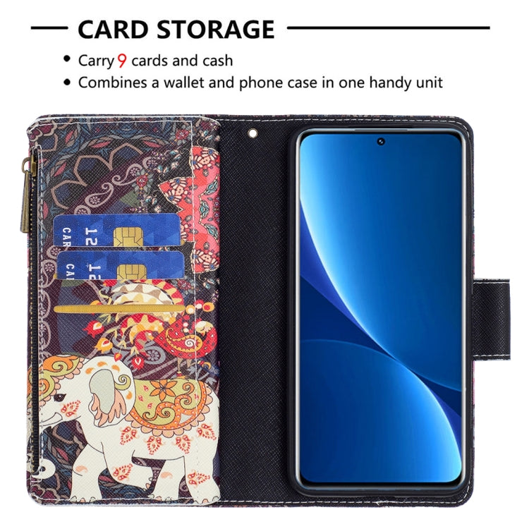 Zipper leather phone case with elephant print, 9-card storage and cash slots