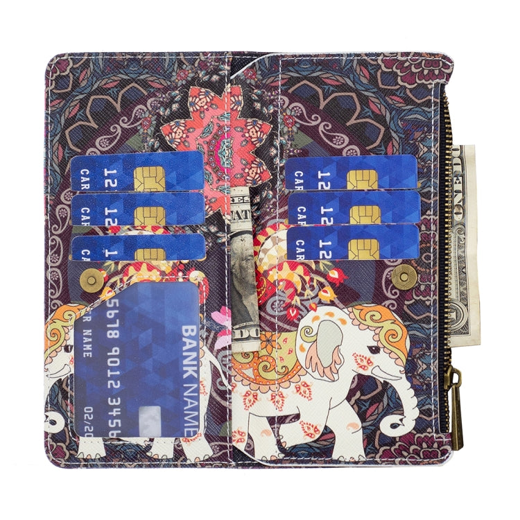 Colorful zipper leather phone case wallet with elephant print and card slots