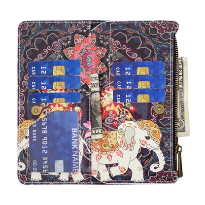 Colorful zipper leather phone case wallet with elephant print and card slots