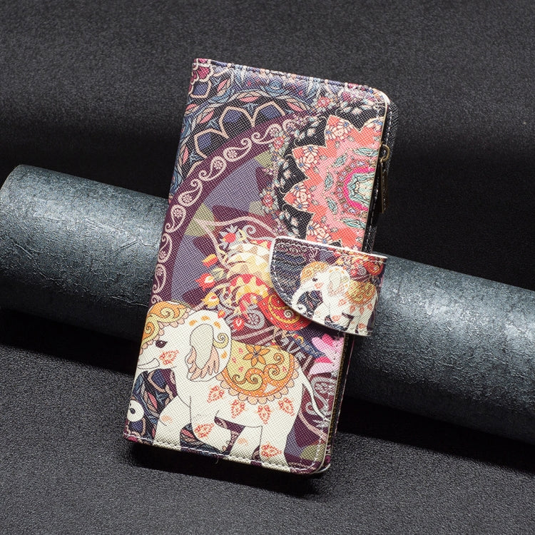 Patterned zipper leather phone case with elephant artwork on folio cover