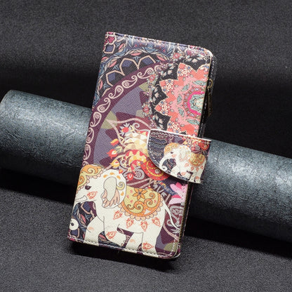 Patterned zipper leather phone case with elephant artwork on folio cover