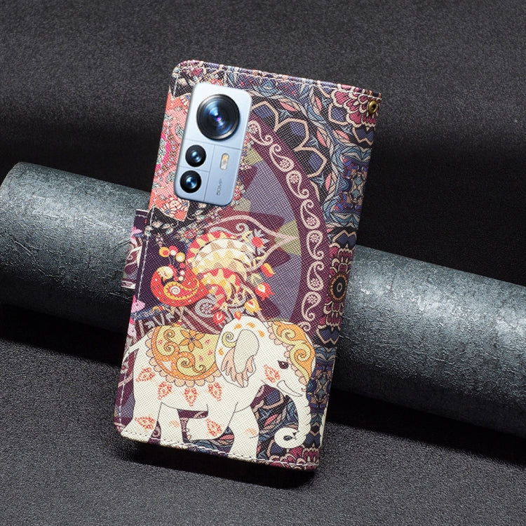 Patterned zipper leather phone case with butterfly and elephant artwork, phone back view