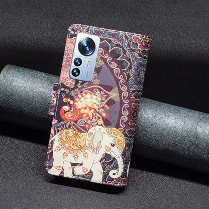 Patterned zipper leather phone case with butterfly and elephant artwork, phone back view
