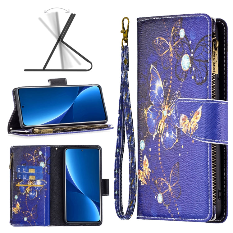 Blue zipper leather phone case with butterfly pattern, folio cover and card slot