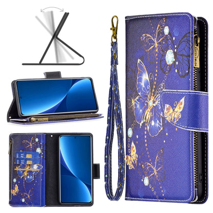 Blue zipper leather phone case with butterfly pattern, folio cover and card slot