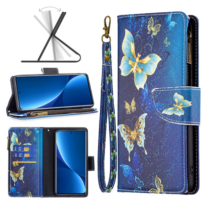 Blue zipper leather phone case with butterfly print, card holder flap and camera cutout