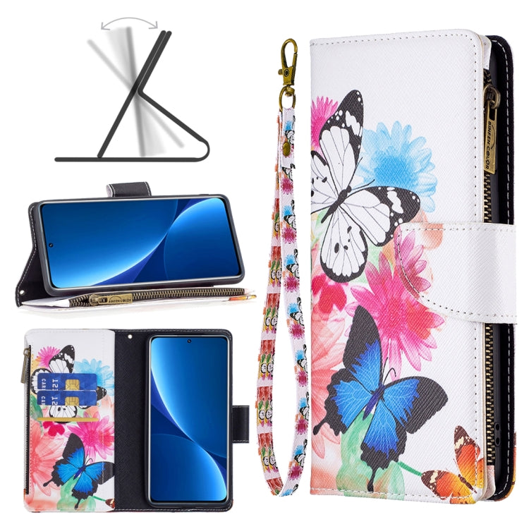 White zipper leather phone case with colorful butterfly print and card slot folio