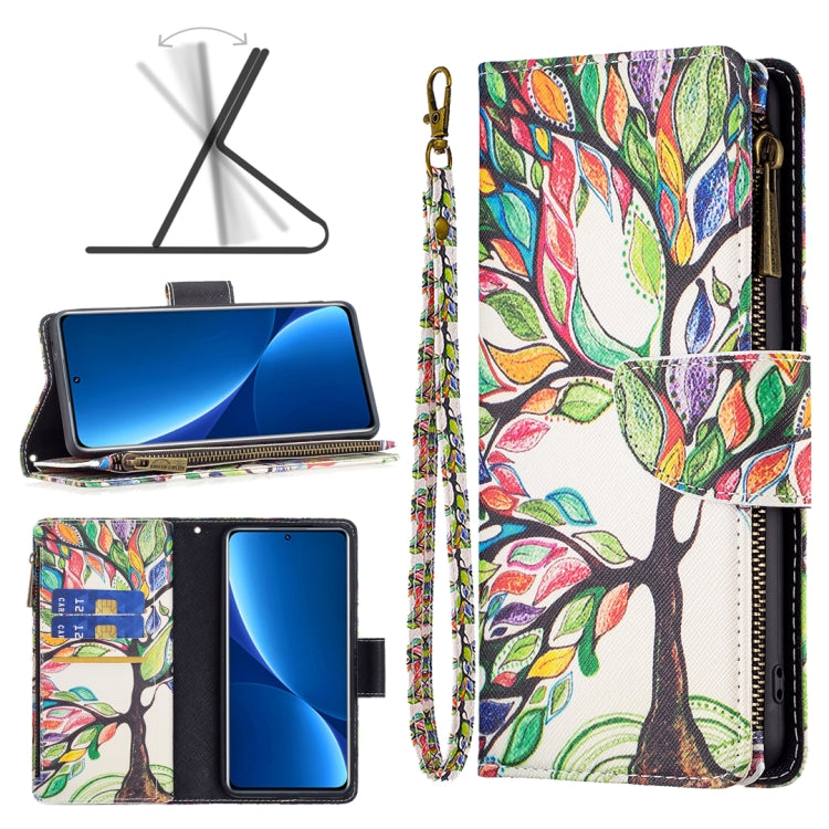 White leather phone case with zip closure, colorful tree-and-leaf pattern, and card slots.