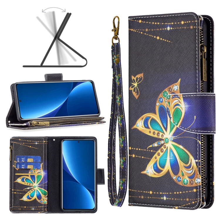 Dark gray leather phone case with zip closure, gold butterfly motif, and card slots.