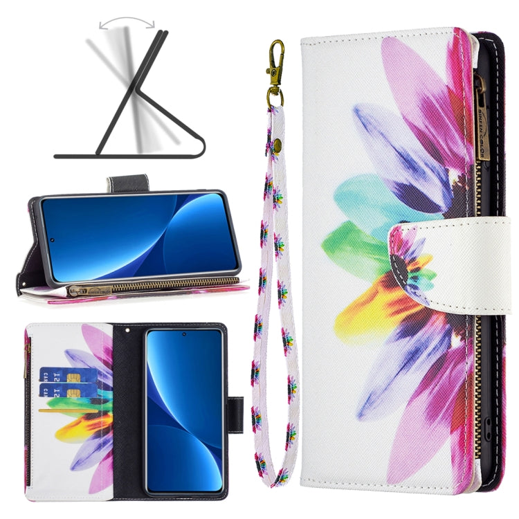 White leather phone case with zip closure, colorful feather floral pattern, and card slots.