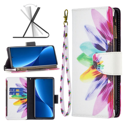 White leather phone case with zip closure, colorful feather floral pattern, and card slots.