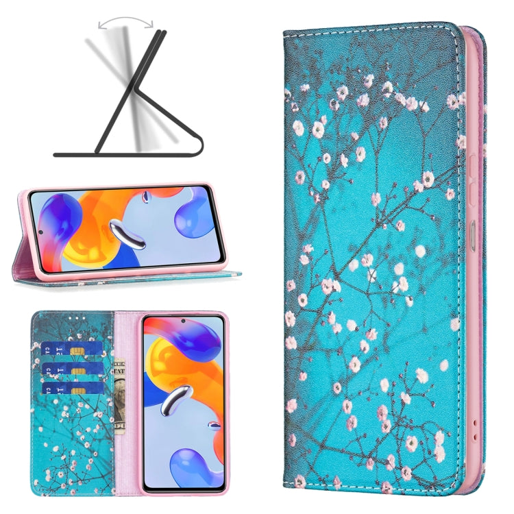 Turquoise magnetic leather wallet phone case with plum blossom branch pattern.