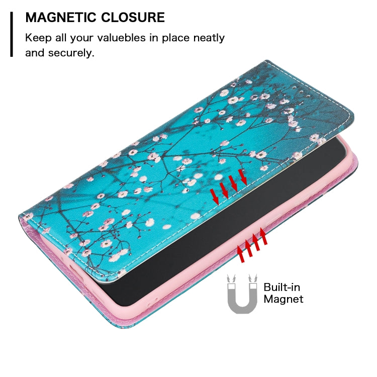 Turquoise magnetic phone case with plum blossom pattern and magnetic closure flap.