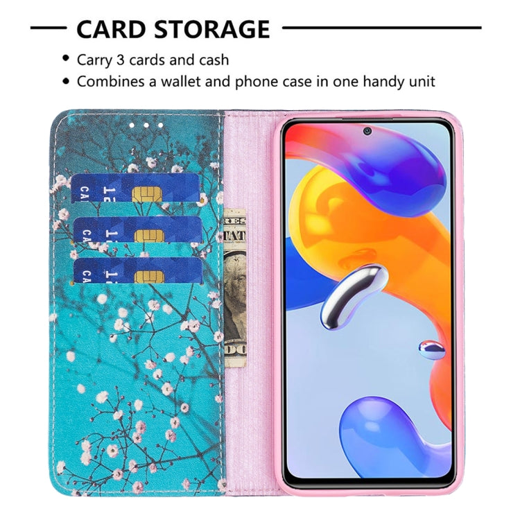 Turquoise wallet phone case with plum blossom pattern and card storage pocket.