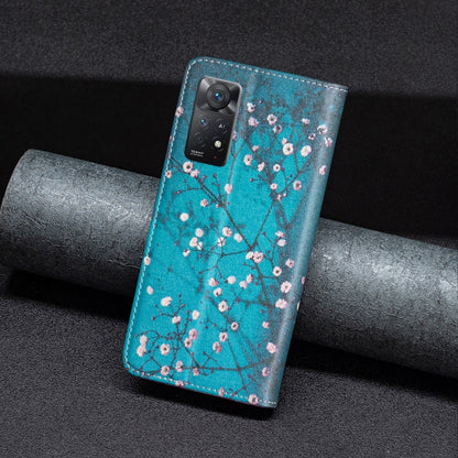 Turquoise magnetic leather phone case with plum blossom pattern, camera side visible.