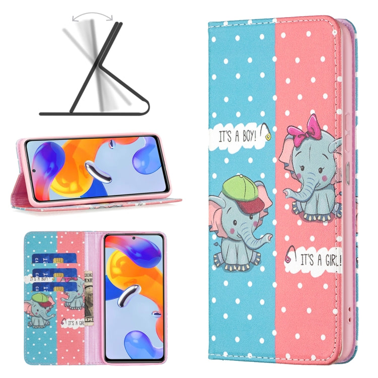 Blue and pink magnetic leather phone case with cartoon elephant pattern and polka dots.