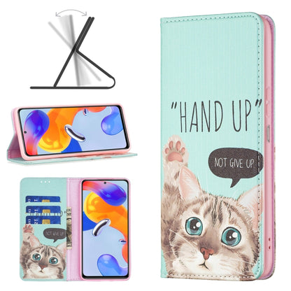 Magnetic leather phone case with light blue cat illustration and 'HAND UP' flap