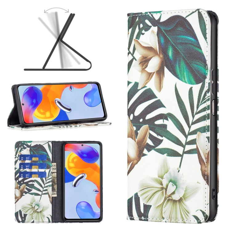 Magnetic leather phone case with white cover and tropical leaf and flower print