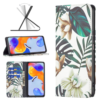 Magnetic leather phone case with white cover and tropical leaf and flower print