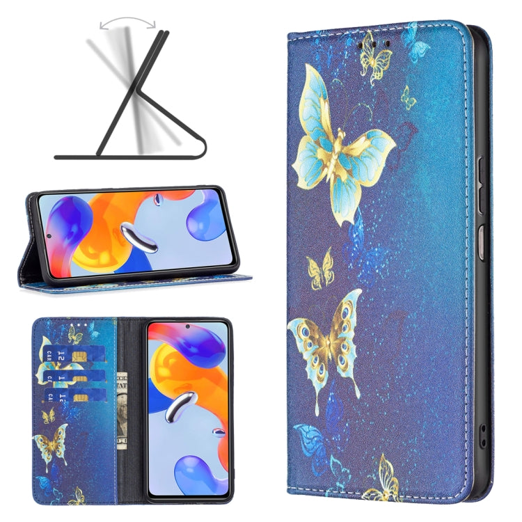 Magnetic leather phone case with blue cover and gold butterfly print
