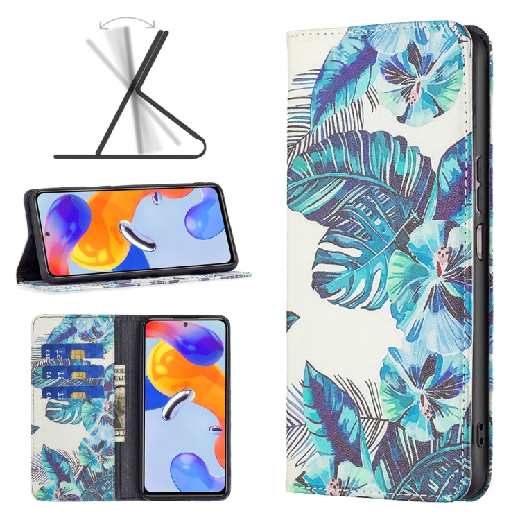 Magnetic leather phone case with white cover and blue tropical leaves and flowers