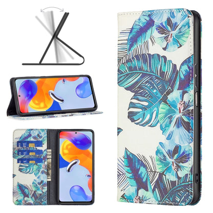 Magnetic leather phone case with white cover and blue tropical leaves and flowers