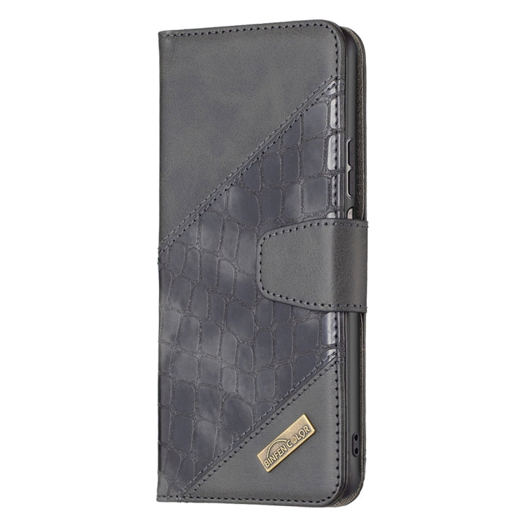 Grey crocodile-texture leather phone case with front cover and belt-loop style strap