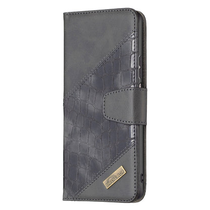 Grey crocodile-texture leather phone case with front cover and belt-loop style strap