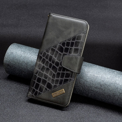 Dark crocodile-texture leather phone case with fold-over cover and gold badge detail