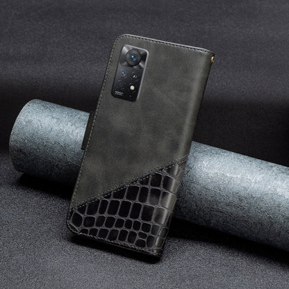 Dark grey crocodile-texture leather phone case with camera cutout and folded stand look