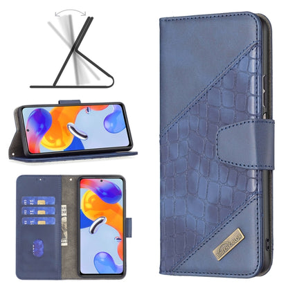 Blue crocodile-texture leather wallet phone case with side cover strap and stitched pattern