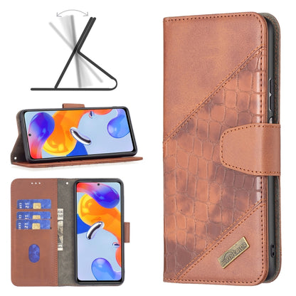 Brown crocodile-texture leather wallet phone case with card holder panel and gold badge