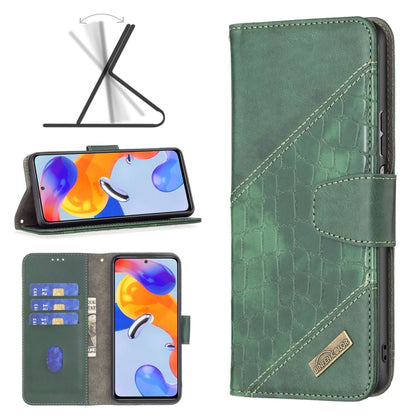 Green crocodile leather wallet case with card slots for Redmi Note 11 Pro