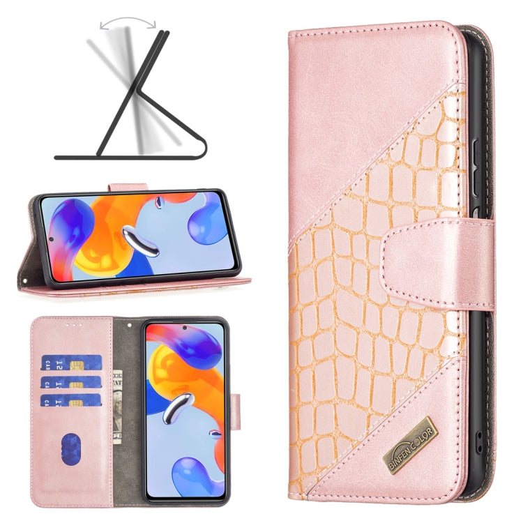 Rose-pink crocodile leather wallet case with card slots for Redmi Note 11 Pro