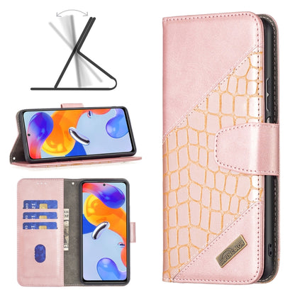 Rose-pink crocodile leather wallet case with card slots for Redmi Note 11 Pro