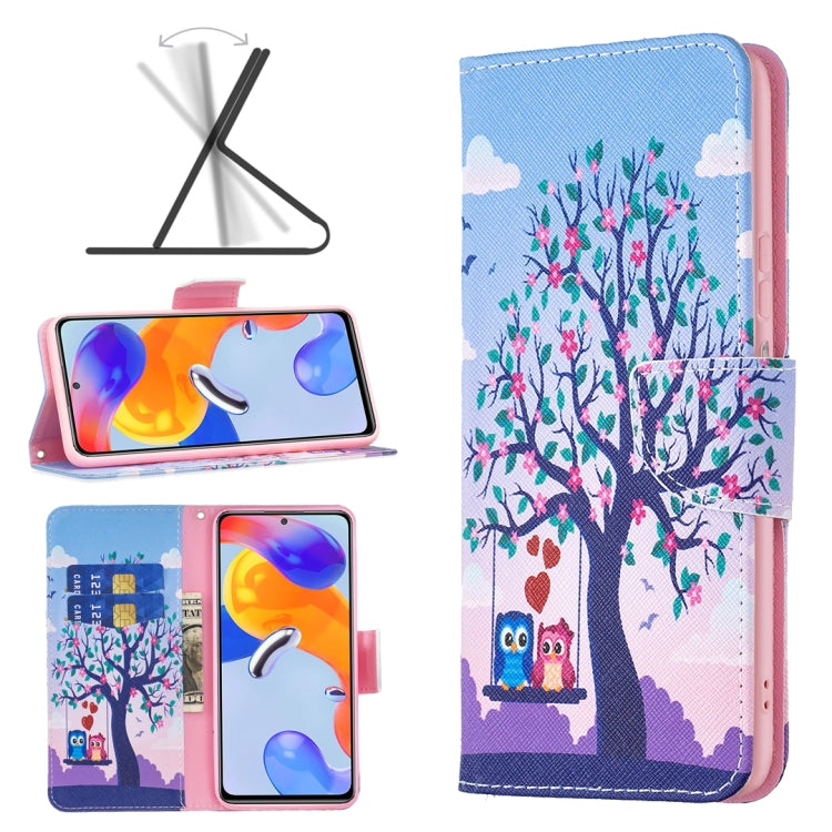 Folio leather phone case with tree and owl print, blue and purple with card slots