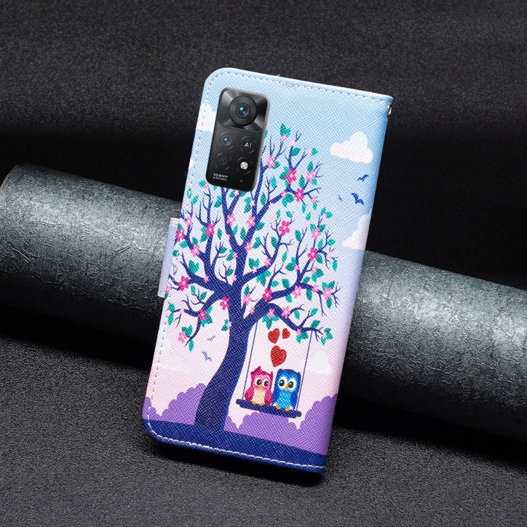 Tree and owl leather phone case, blue border, with camera openings