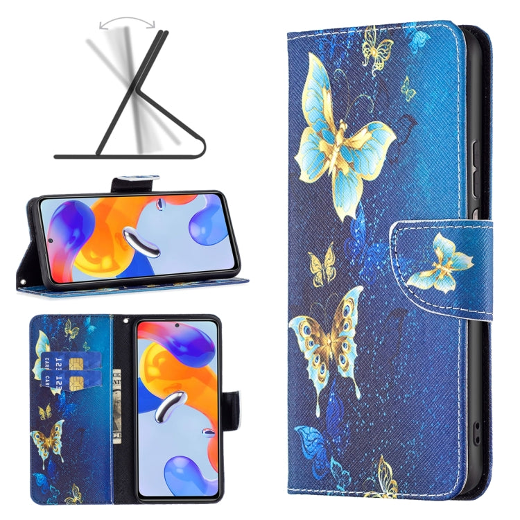 Blue leather folio phone case with gold butterflies print and flip cover