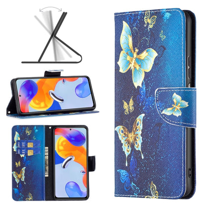 Blue leather folio phone case with gold butterflies print and flip cover