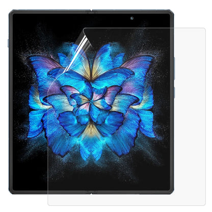 Hydrogel full-screen protector film on foldable tablet display, clear edge-to-edge
