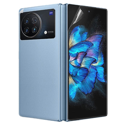 Full-screen hydrogel protector on folded smartphone front and back surfaces