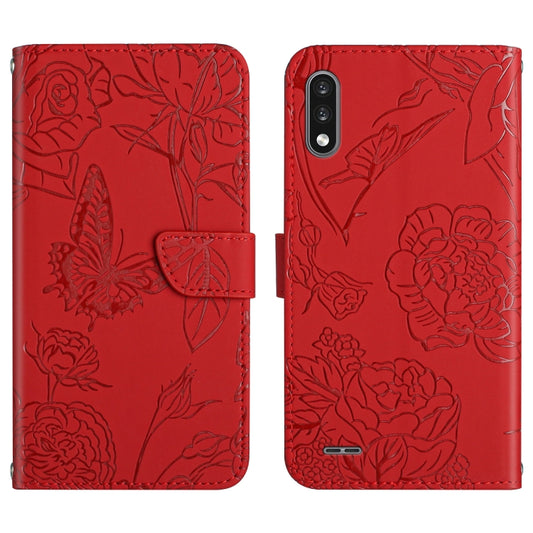 Red embossed leather-style phone case with butterfly and floral pattern, wallet folio